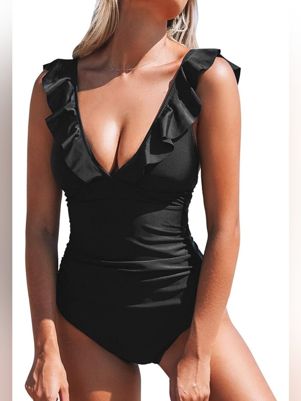 Ruffled V-Neck One-Piece Swimsuit - Black From Cupshe